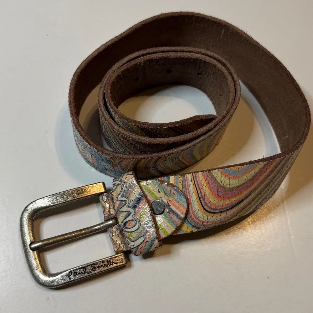 Vtg Paul Smith Leather Mini Cooper Belt Mens 34 Multi Color Metal Bucket Rare
